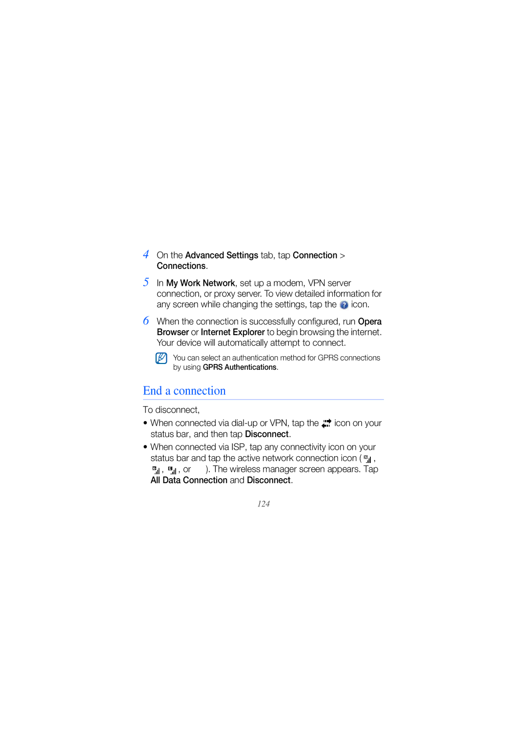 Samsung GH68-25554A manual End a connection, On the Advanced Settings tab, tap Connection Connections 