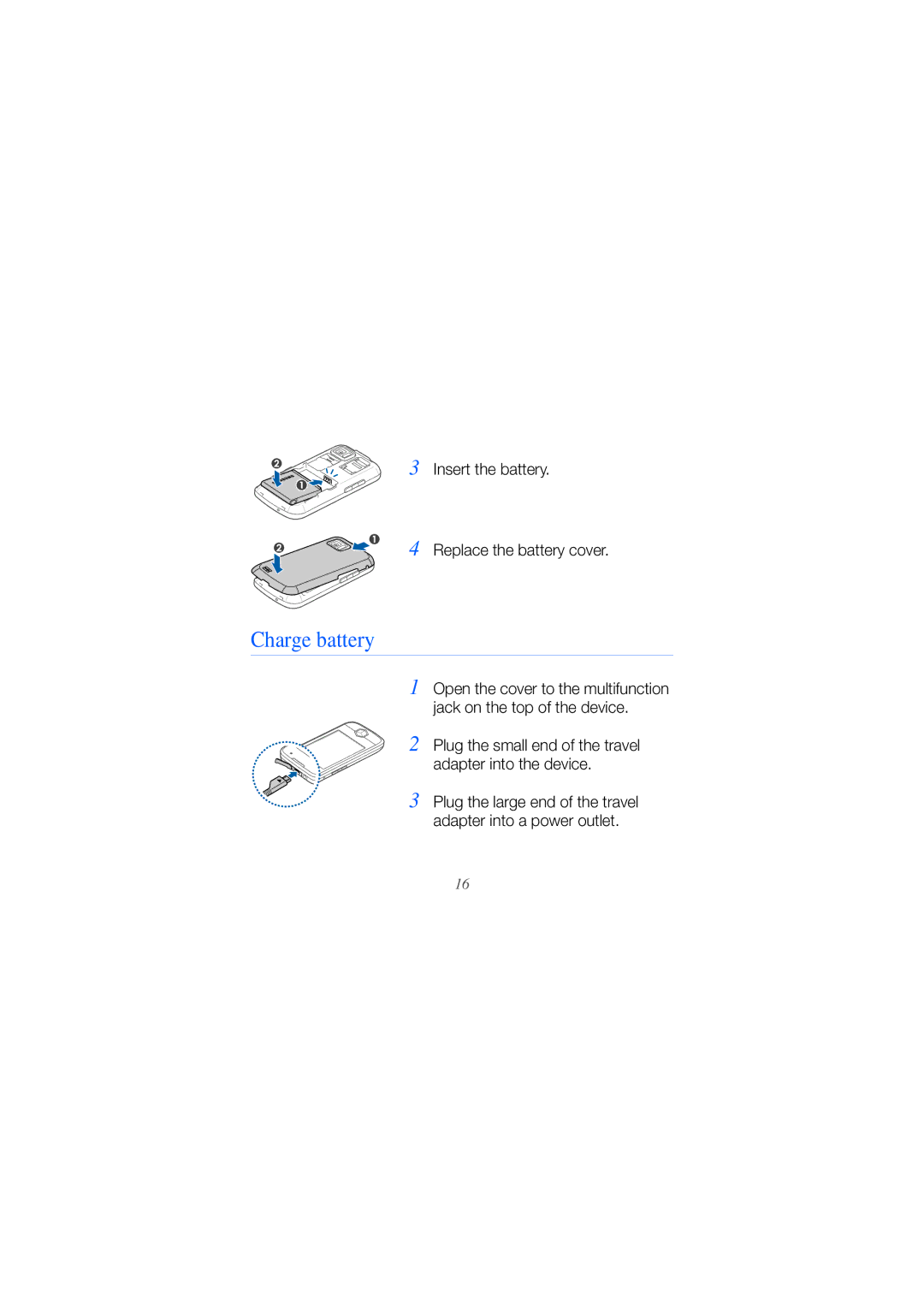 Samsung GH68-25554A manual Charge battery, Insert the battery Replace the battery cover 