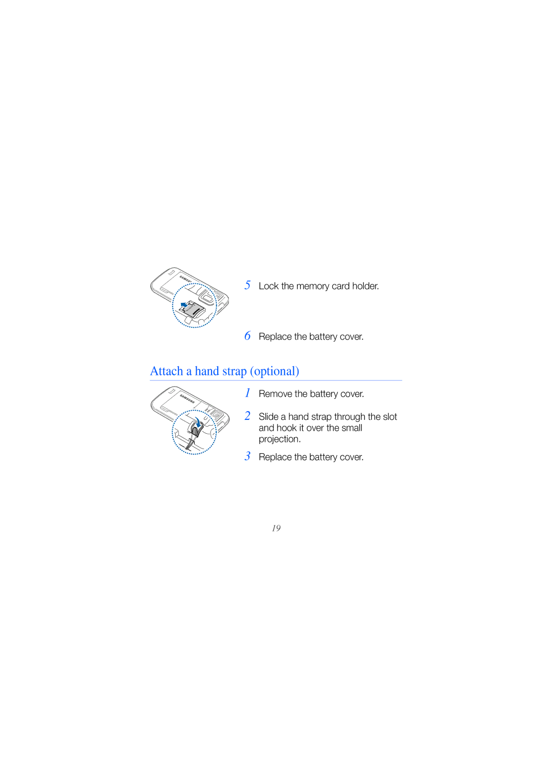 Samsung GH68-25554A manual Attach a hand strap optional, Lock the memory card holder Replace the battery cover 