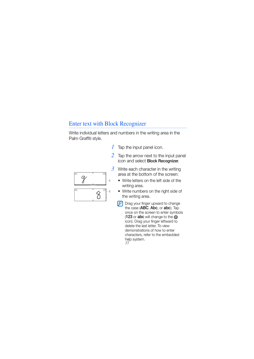 Samsung GH68-25554A manual Enter text with Block Recognizer 