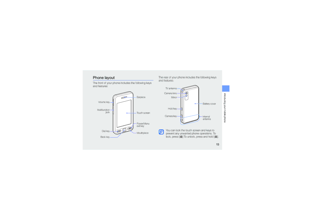 Samsung GH68-25555A manual Phone layout, Rear of your phone includes the following keys and features 