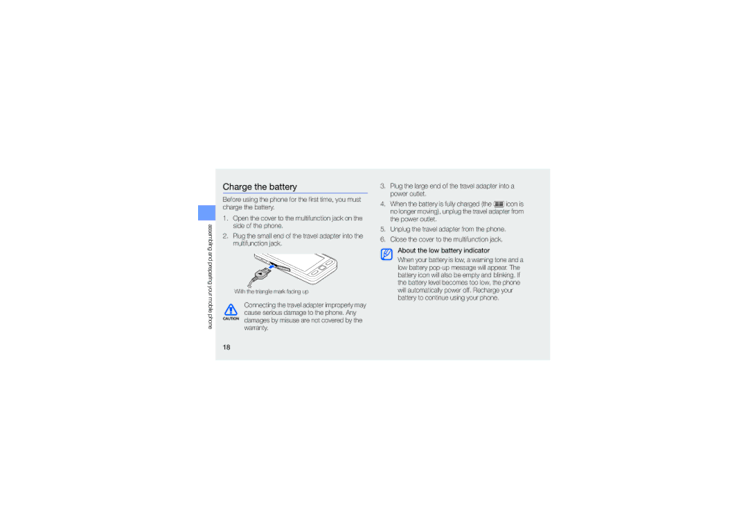 Samsung GH68-25555A manual Charge the battery 