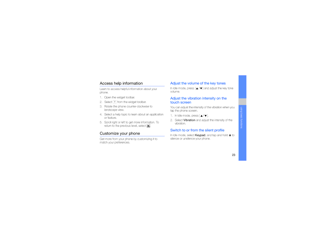 Samsung GH68-25555A manual Access help information, Customize your phone, Adjust the volume of the key tones 
