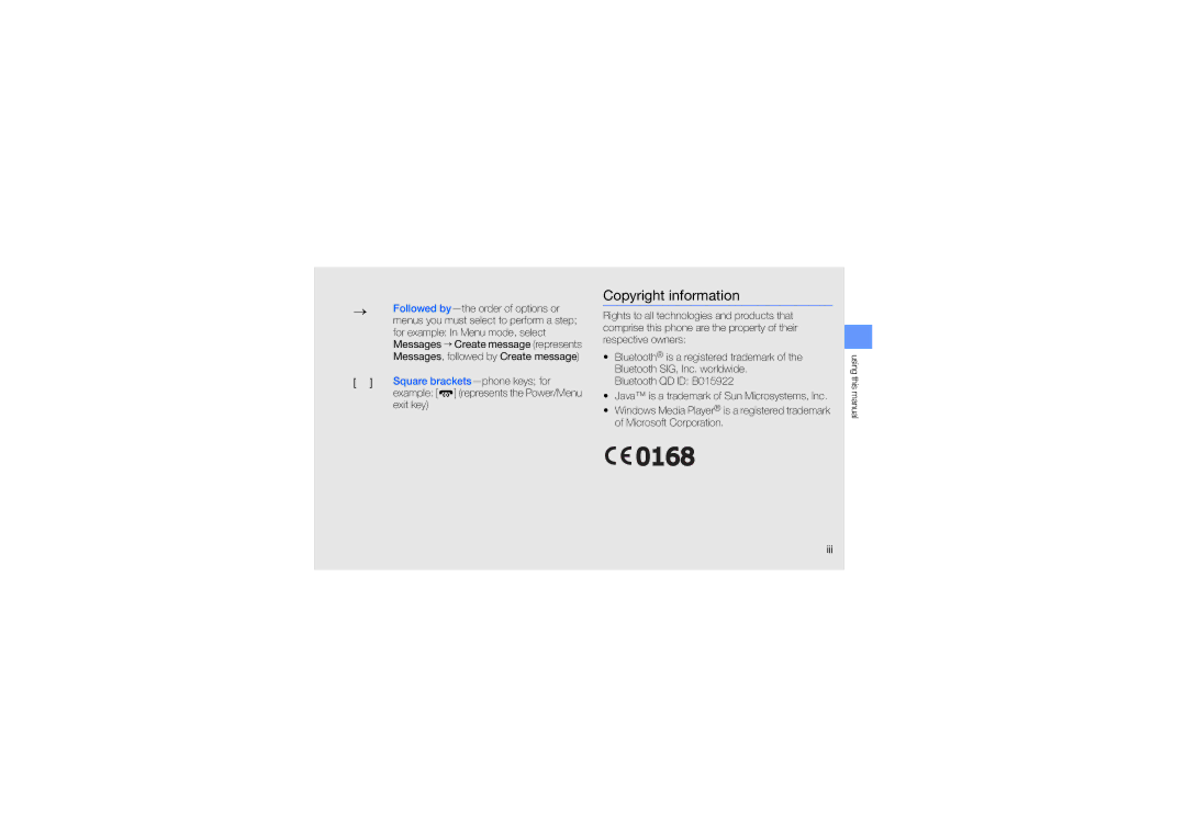 Samsung GH68-25555A manual Copyright information, Square brackets-phone keys for, Exit key, Iii 