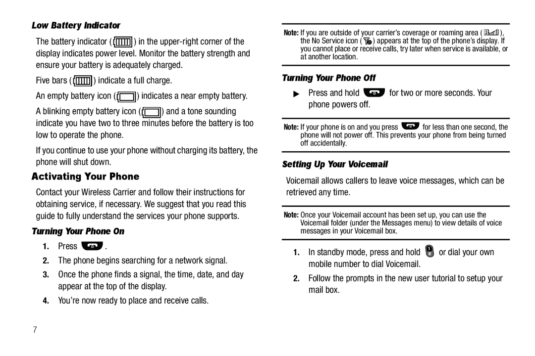 Samsung GH68-26097A user manual Activating Your Phone, Low Battery Indicator, Turning Your Phone On, Turning Your Phone Off 