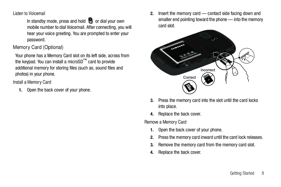 Samsung GH68-26097A user manual Memory Card Optional, Listen to Voicemail, Install a Memory Card, Remove a Memory Card 