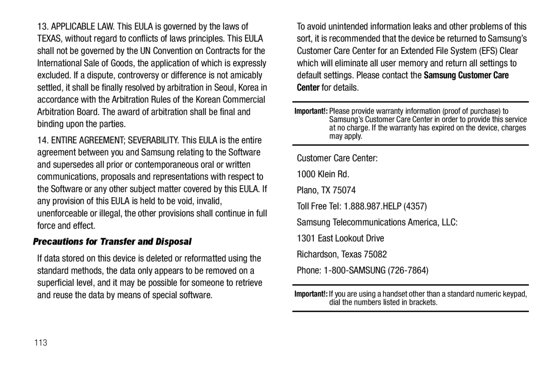 Samsung GH68-26097A user manual Precautions for Transfer and Disposal, Customer Care Center Klein Rd Plano, TX, 113 