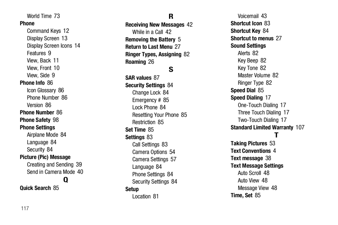 Samsung GH68-26097A Phone Info, Phone Number Phone Safety Phone Settings, Picture Pic Message, Quick Search, Setup 