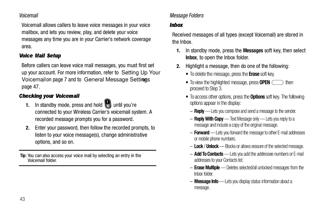 Samsung GH68-26097A user manual Message Folders, Voice Mail Setup, Checking your Voicemail, Inbox 