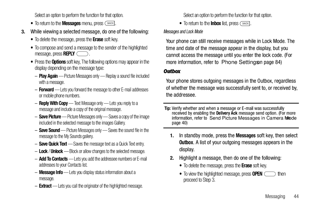 Samsung GH68-26097A To return to the Messages menu, press, Message, press Reply, To return to the Inbox list, press 