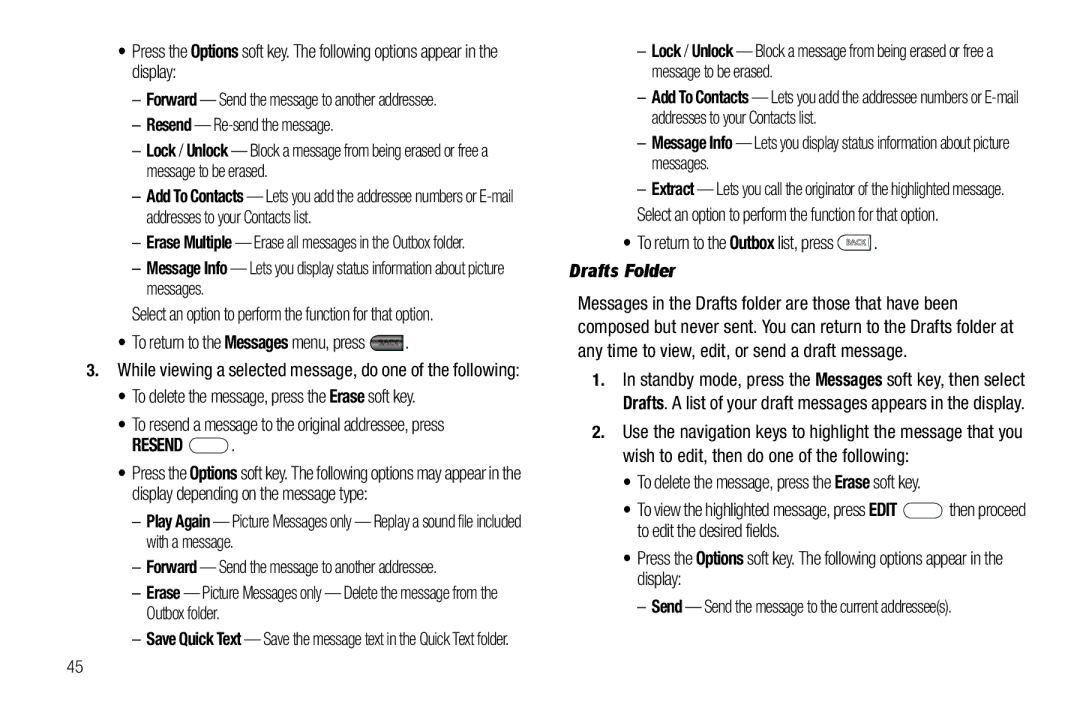 Samsung GH68-26097A user manual Resend Re-send the message, To return to the Outbox list, press, Drafts Folder 