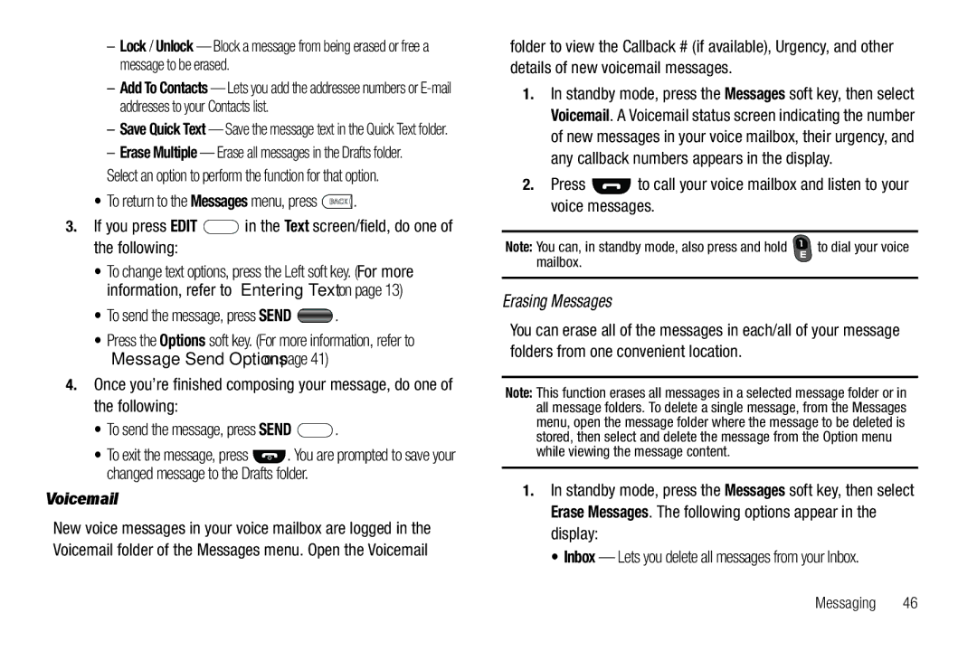 Samsung GH68-26097A user manual Erasing Messages, To send the message, press Send, Voicemail 