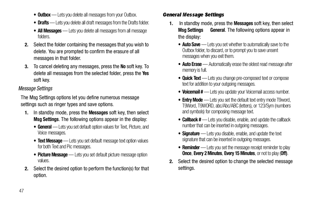 Samsung GH68-26097A user manual General Message Settings 