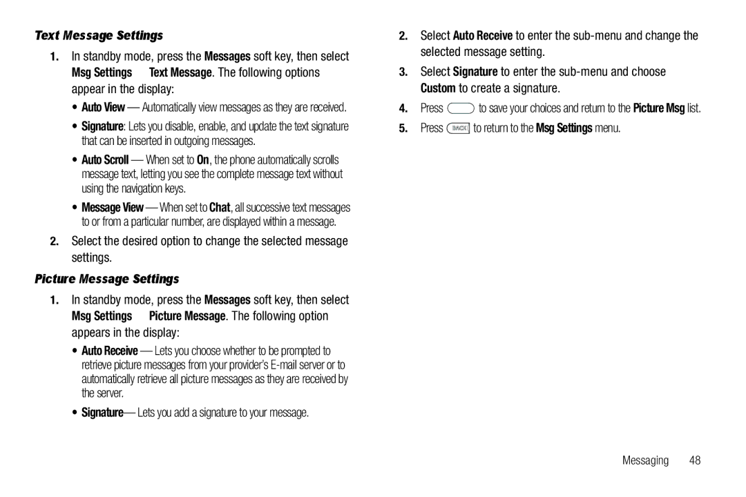 Samsung GH68-26097A user manual Text Message Settings, Picture Message Settings, Press to return to the Msg Settings menu 