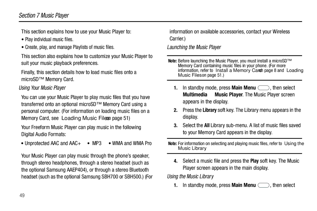 Samsung GH68-26097A user manual Using Your Music Player, Launching the Music Player, Using the Music Library 