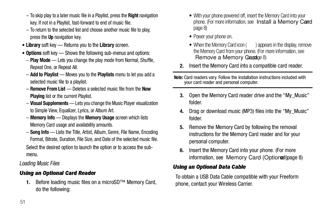 Samsung GH68-26097A Loading Music Files, Library soft key Returns you to the Library screen, Using an Optional Card Reader 