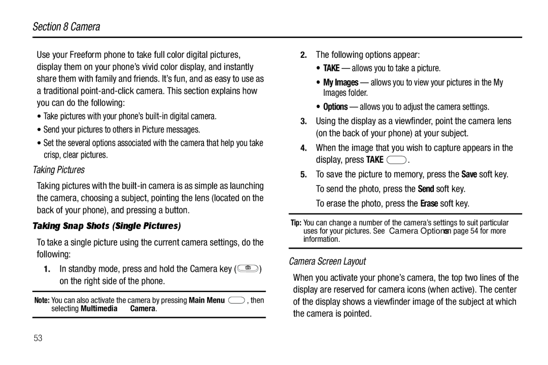 Samsung GH68-26097A user manual Taking Pictures, Camera Screen Layout, Taking Snap Shots Single Pictures 