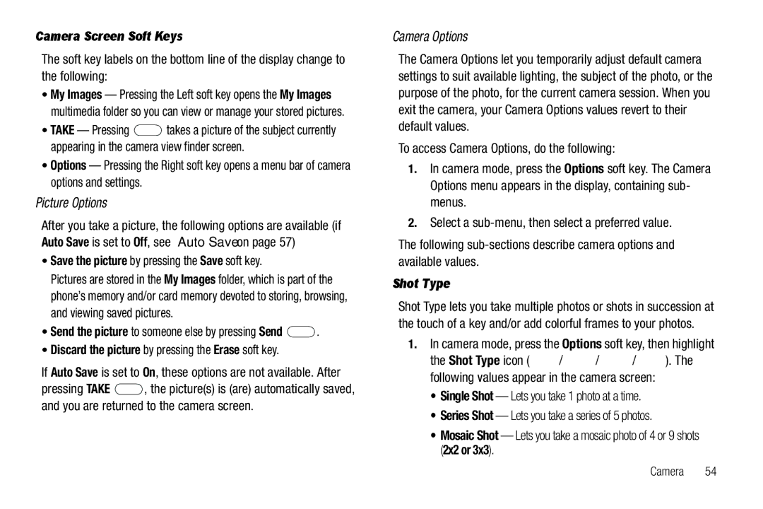 Samsung GH68-26097A user manual Picture Options, Camera Options, Camera Screen Soft Keys, Shot Type 