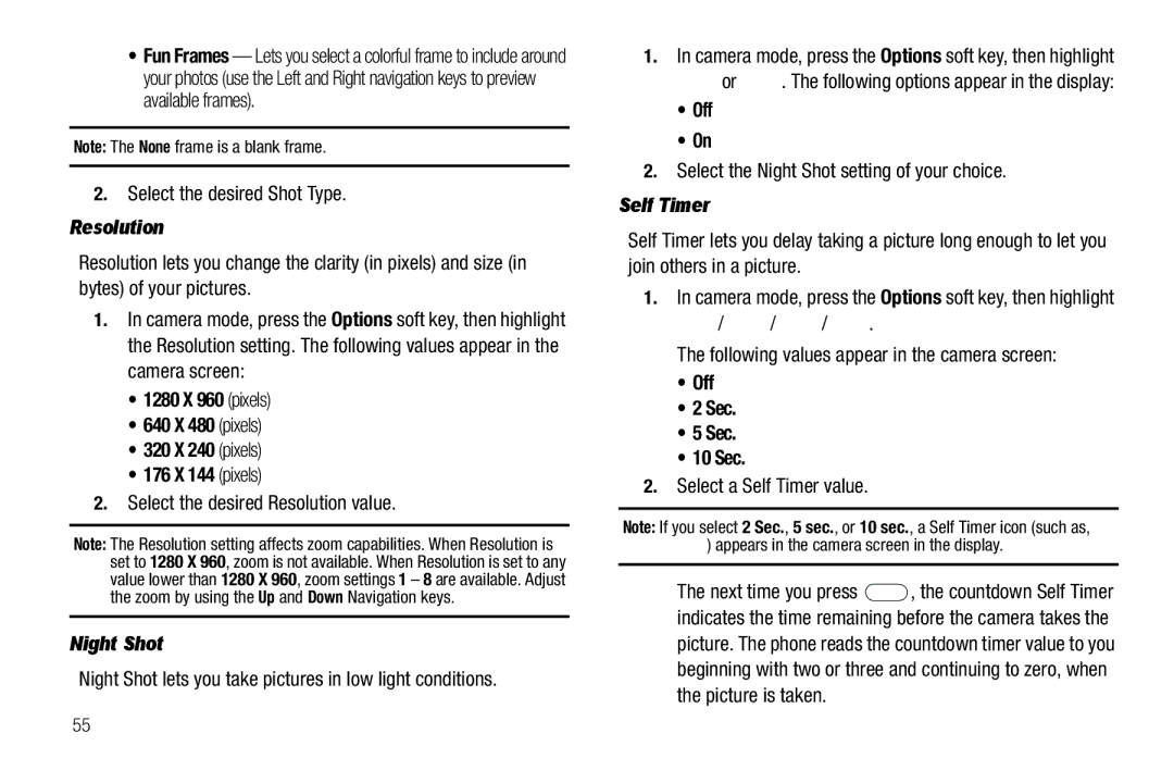 Samsung GH68-26097A user manual Resolution, Night Shot, Self Timer, Off Sec 10 Sec 