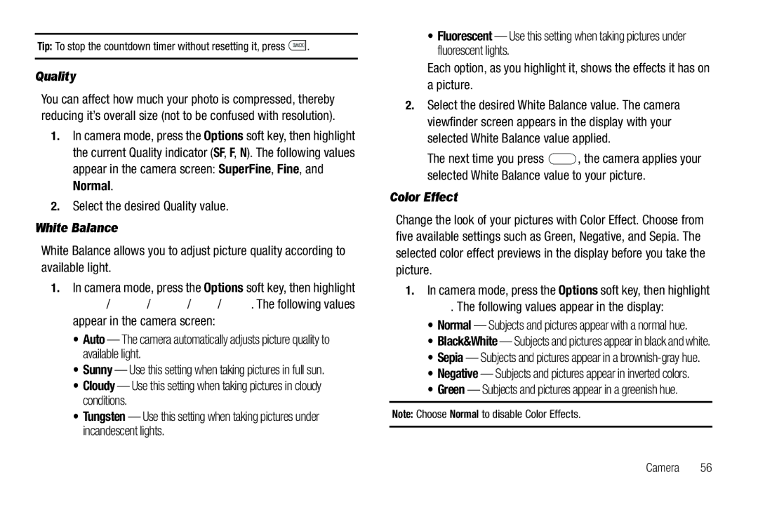 Samsung GH68-26097A user manual Quality, White Balance, Picture, Color Effect, Following values appear in the display 