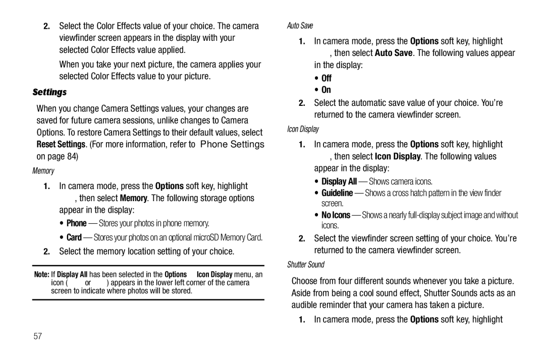 Samsung GH68-26097A user manual Settings, Select the memory location setting of your choice 