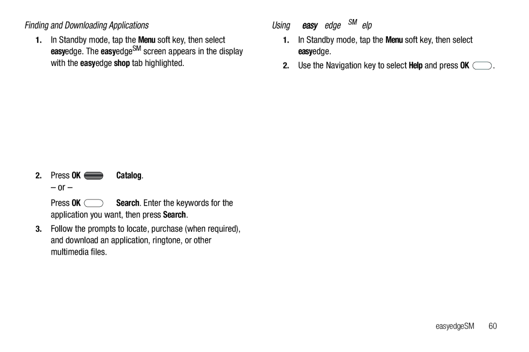 Samsung GH68-26097A user manual Finding and Downloading Applications Using easyedgeSM Help, Press OK Catalog, EasyedgeSM 
