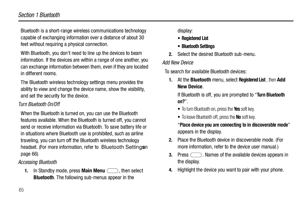 Samsung GH68-26097A Turn Bluetooth On/Off, Accessing Bluetooth, Add New Device, Registered List Bluetooth Settings 