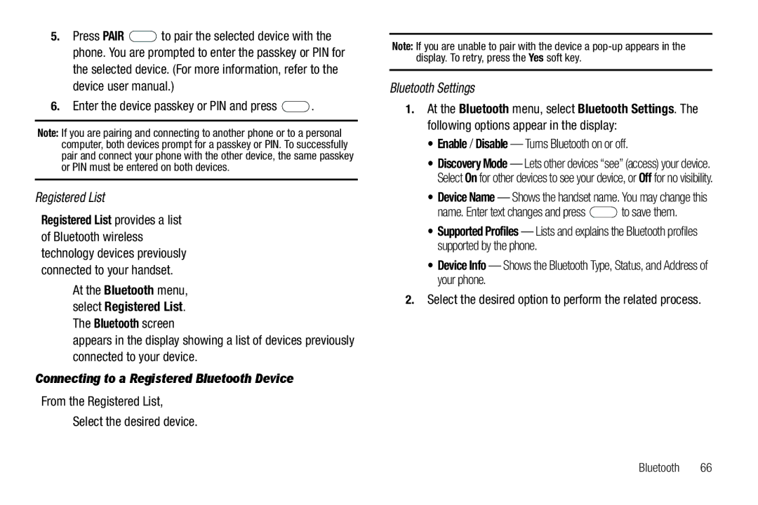 Samsung GH68-26097A user manual Registered List, Bluetooth Settings, Connecting to a Registered Bluetooth Device 