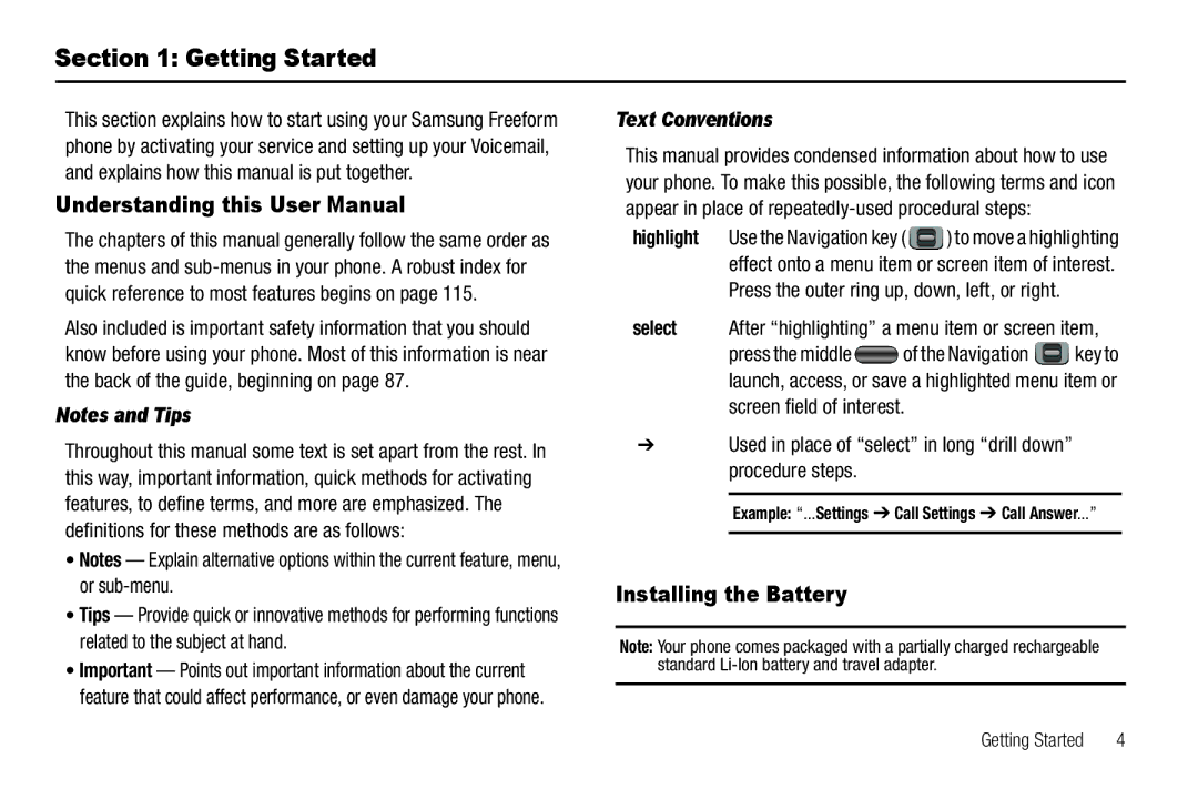 Samsung GH68-26097A user manual Getting Started, Installing the Battery, Text Conventions 