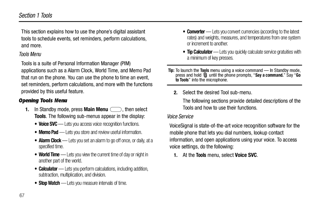 Samsung GH68-26097A user manual Voice Service, Opening Tools Menu 