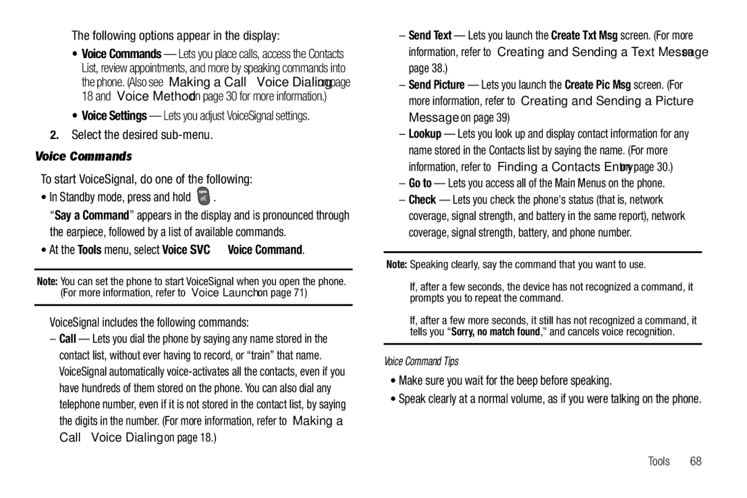 Samsung GH68-26097A user manual Following options appear in the display, Select the desired sub-menu, Voice Commands 