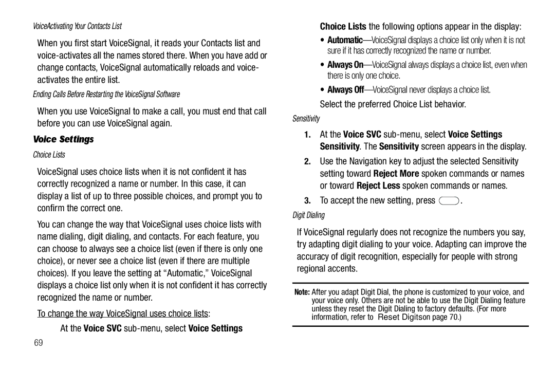 Samsung GH68-26097A Voice Settings, To change the way VoiceSignal uses choice lists, To accept the new setting, press 