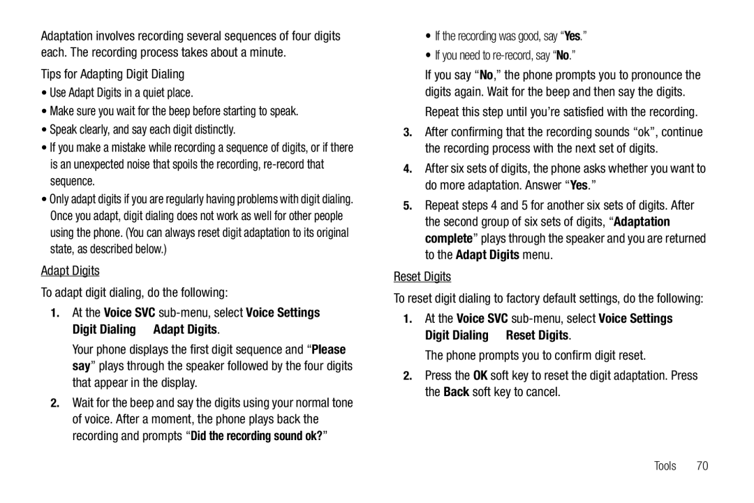 Samsung GH68-26097A user manual Adapt Digits To adapt digit dialing, do the following, Reset Digits 