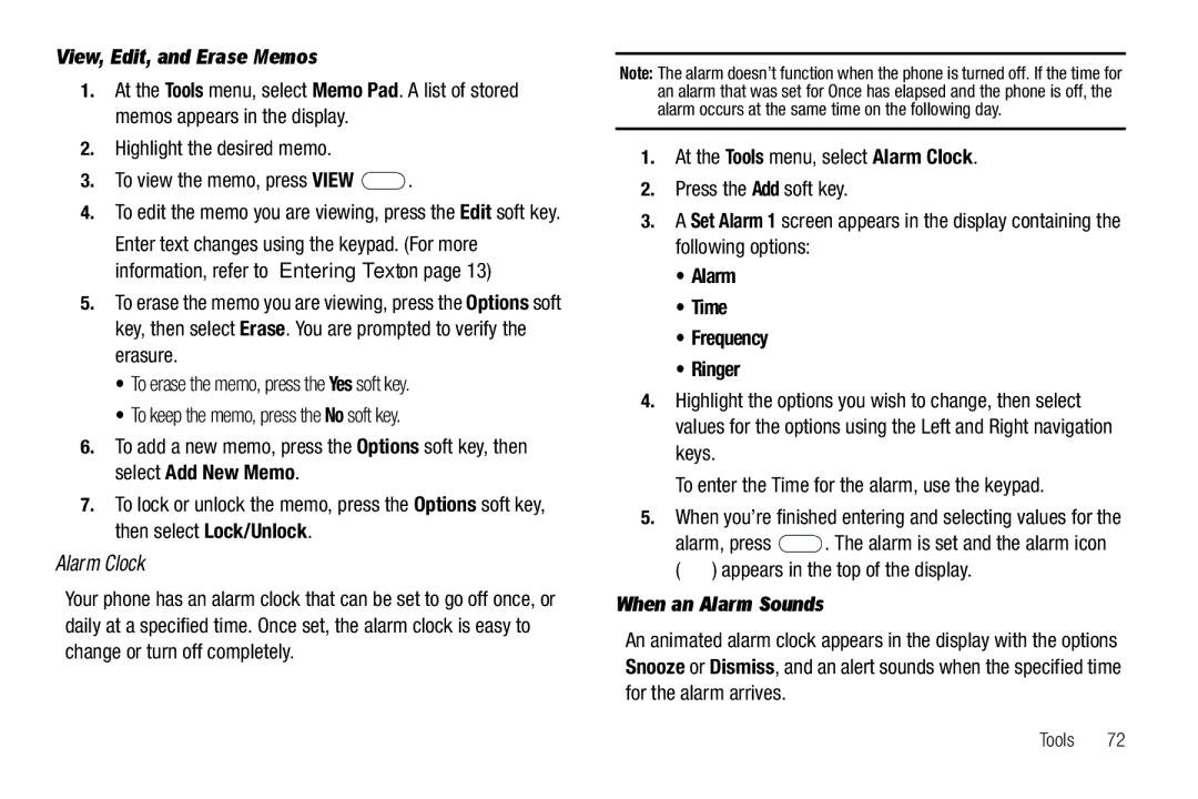 Samsung GH68-26097A Alarm Clock, View, Edit, and Erase Memos, Highlight the desired memo To view the memo, press View 