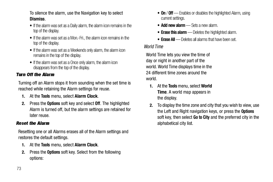 Samsung GH68-26097A user manual World Time, Turn Off the Alarm, Reset the Alarm 