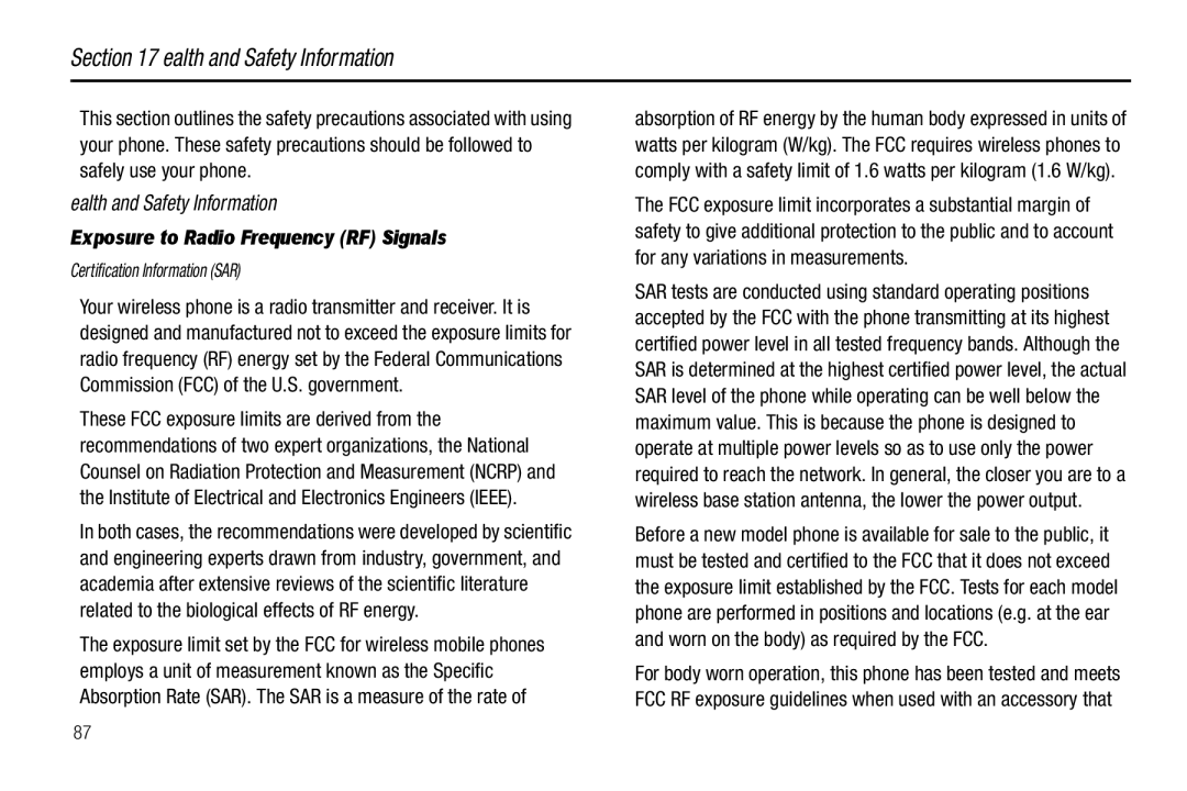 Samsung GH68-26097A user manual Health and Safety Information, Exposure to Radio Frequency RF Signals 