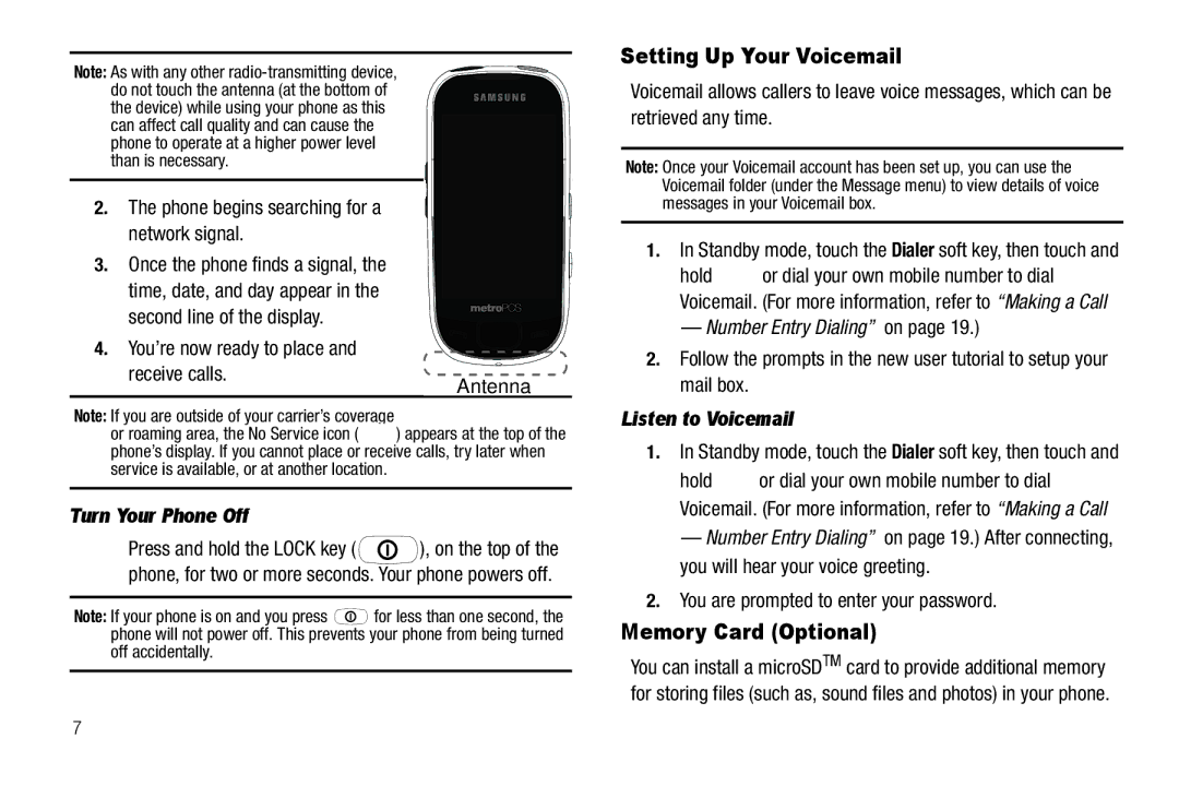 Samsung GH68-26316A user manual Setting Up Your Voicemail, Memory Card Optional, Receive calls, Turn Your Phone Off 