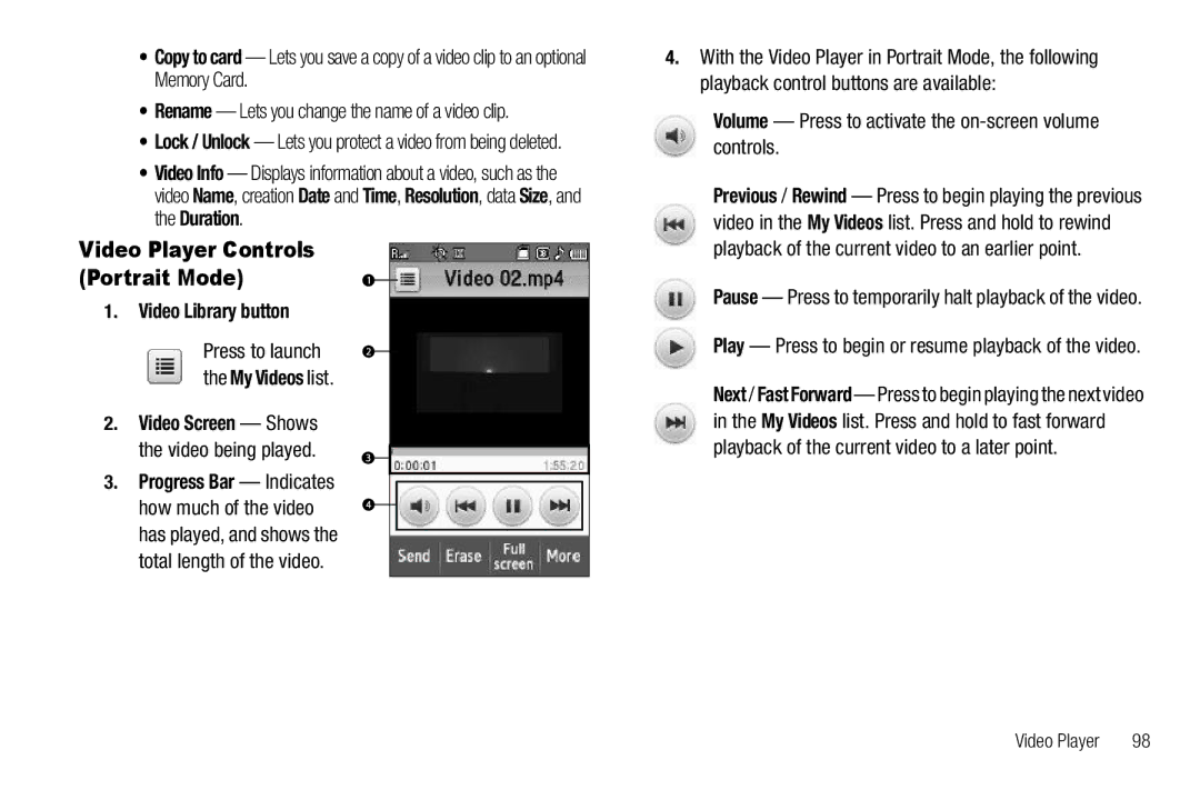 Samsung GH68-26316A Video Player Controls Portrait Mode, Video Library button, Video Screen Shows, Progress Bar Indicates 