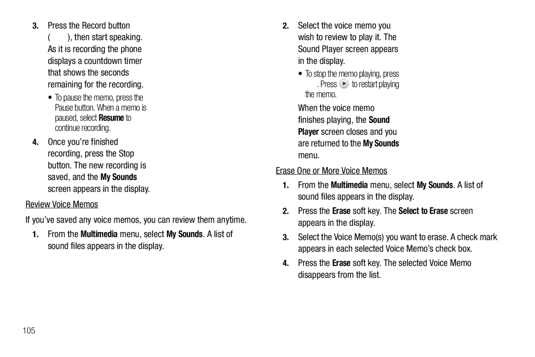 Samsung GH68-26316A user manual Press the Record button, Review Voice Memos, Erase One or More Voice Memos, 105 