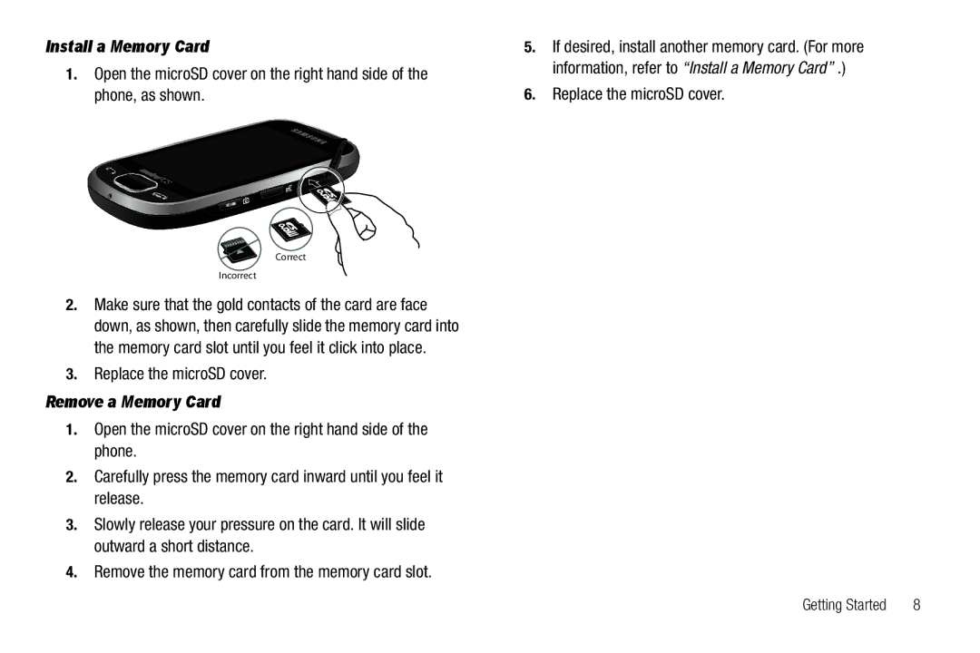 Samsung GH68-26316A user manual Install a Memory Card, Replace the microSD cover, Remove a Memory Card 