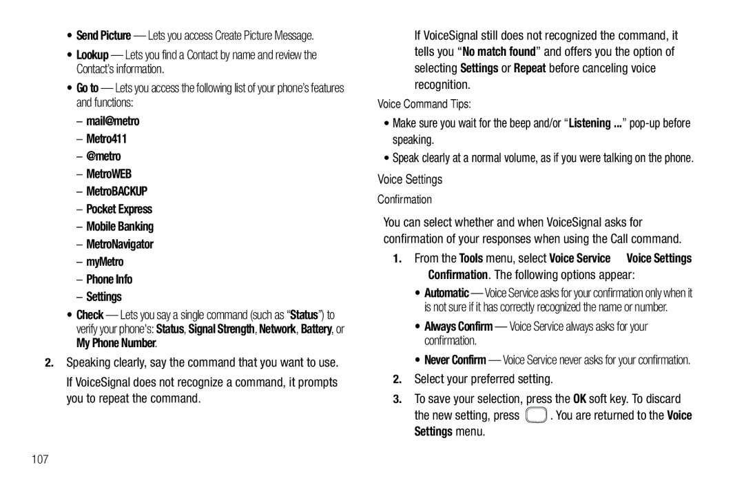 Samsung GH68-26316A user manual Voice Settings, Confirmation. The following options appear, Select your preferred setting 