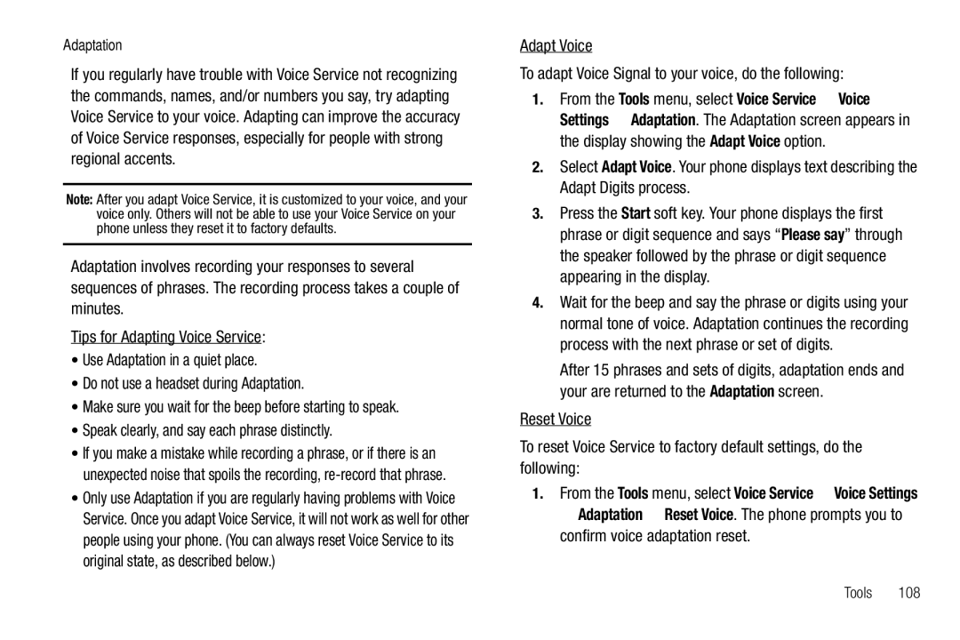 Samsung GH68-26316A user manual Speak clearly, and say each phrase distinctly, Adaptation 