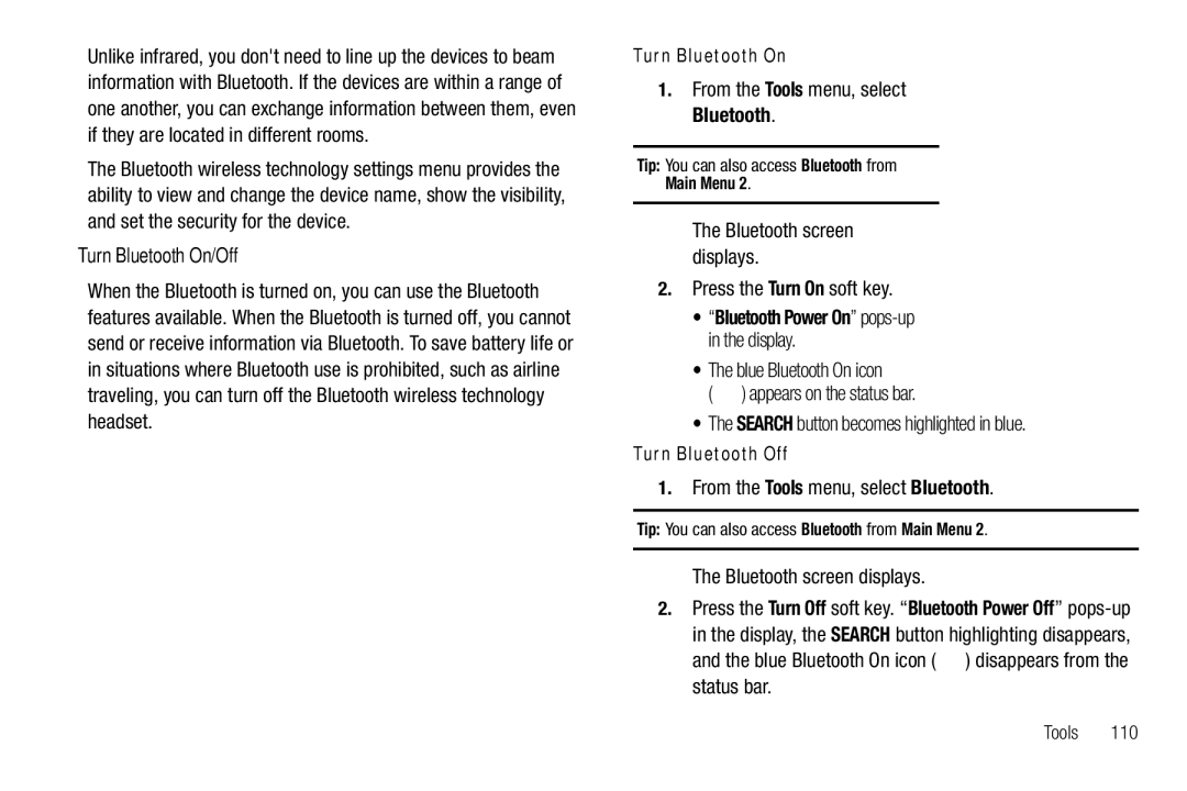 Samsung GH68-26316A user manual Turn Bluetooth On/Off, From the Tools menu, select Bluetooth 