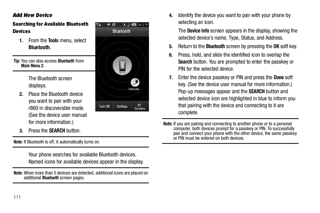 Samsung GH68-26316A user manual Add New Device, Bluetooth screen displays Press the Search button 