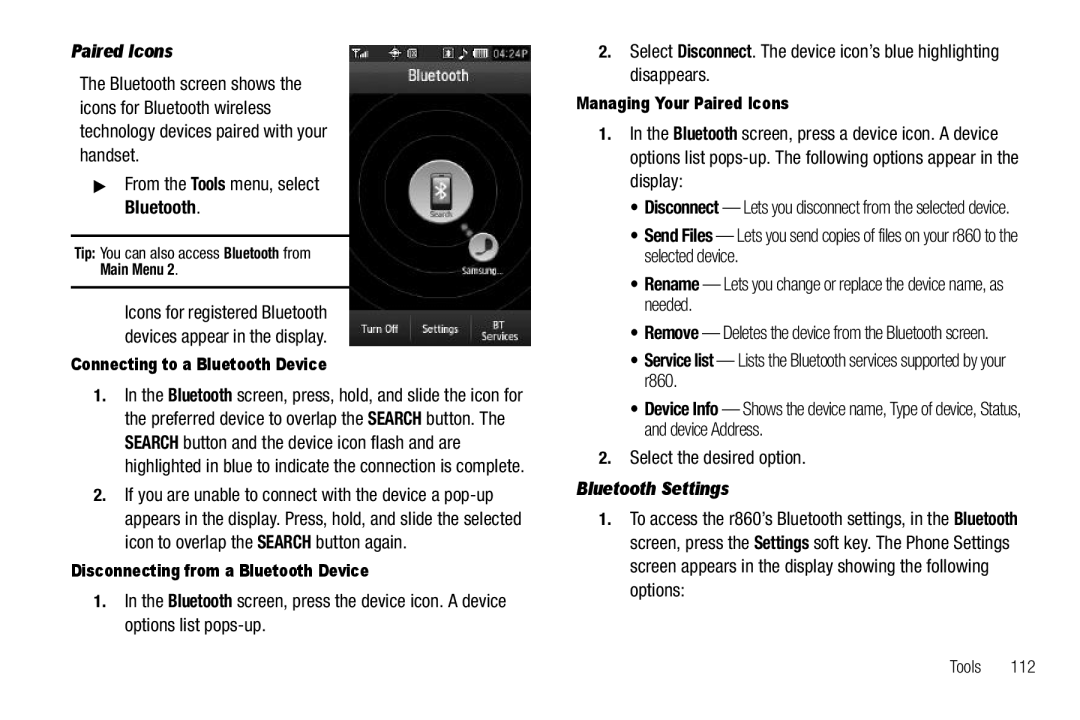 Samsung GH68-26316A user manual Bluetooth Settings, Connecting to a Bluetooth Device, Managing Your Paired Icons 