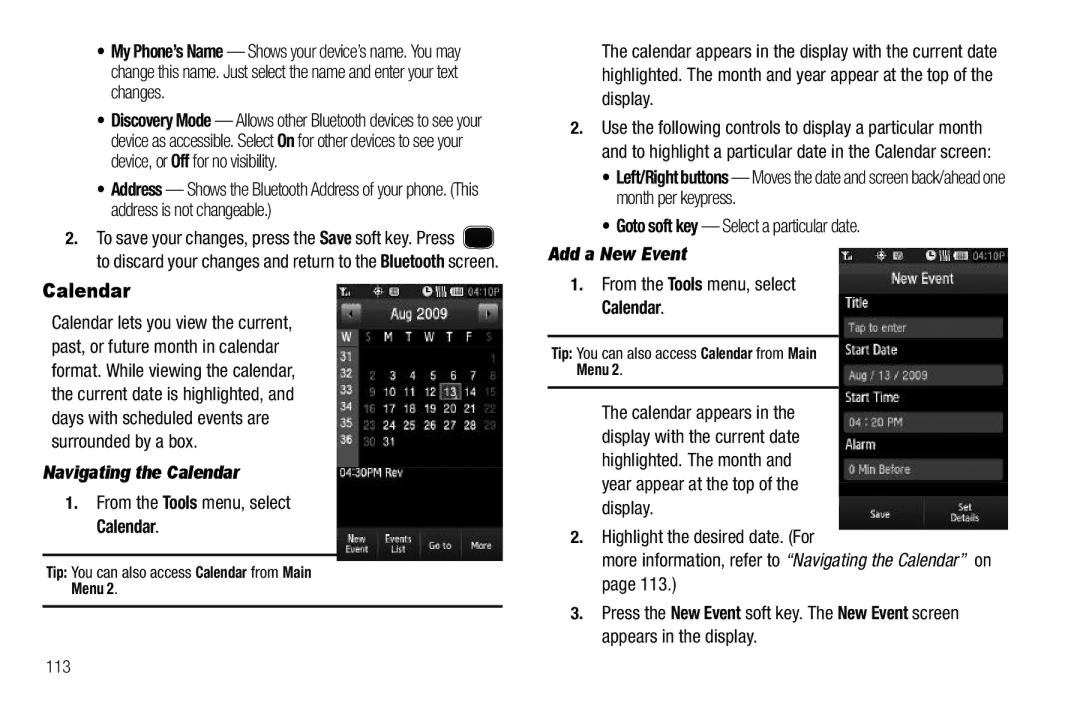 Samsung GH68-26316A user manual Navigating the Calendar, From the Tools menu, select Calendar, Add a New Event, Menu 