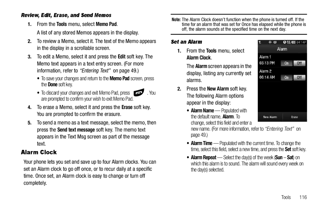 Samsung GH68-26316A user manual Alarm Clock, Review, Edit, Erase, and Send Memos, Set an Alarm 