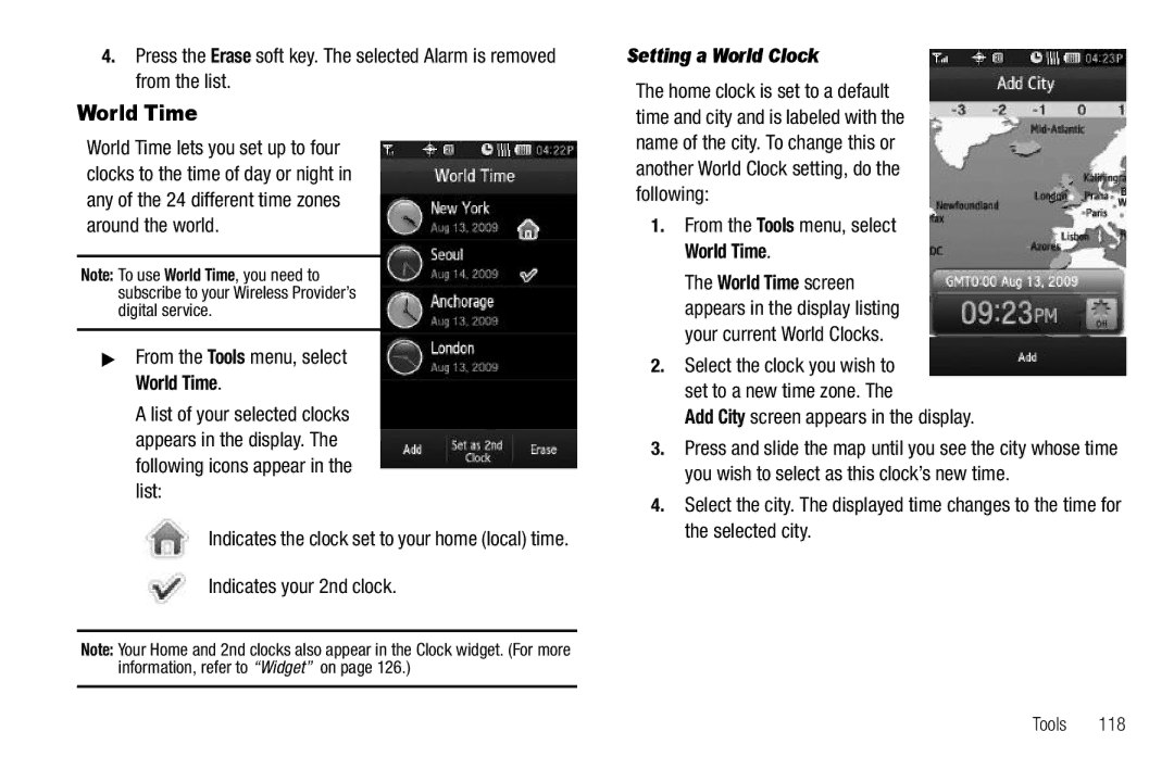 Samsung GH68-26316A user manual From the Tools menu, select World Time, Indicates your 2nd clock, Setting a World Clock 