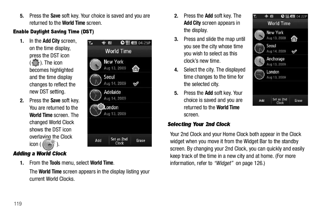 Samsung GH68-26316A user manual Icon, Adding a World Clock, Selecting Your 2nd Clock, Enable Daylight Saving Time DST, 119 