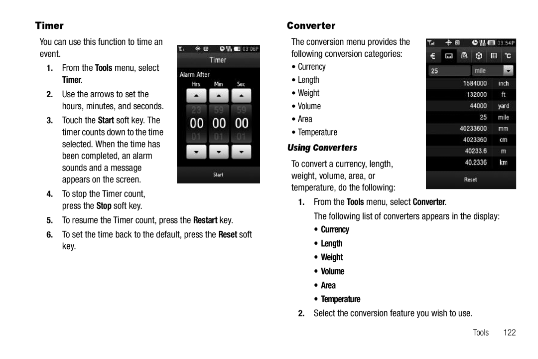 Samsung GH68-26316A user manual Timer, Using Converters, Currency Length Weight Volume Area Temperature 